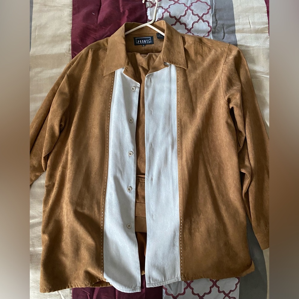 Pronti Mens XL Brown and Cream 2 Piece pant suit.